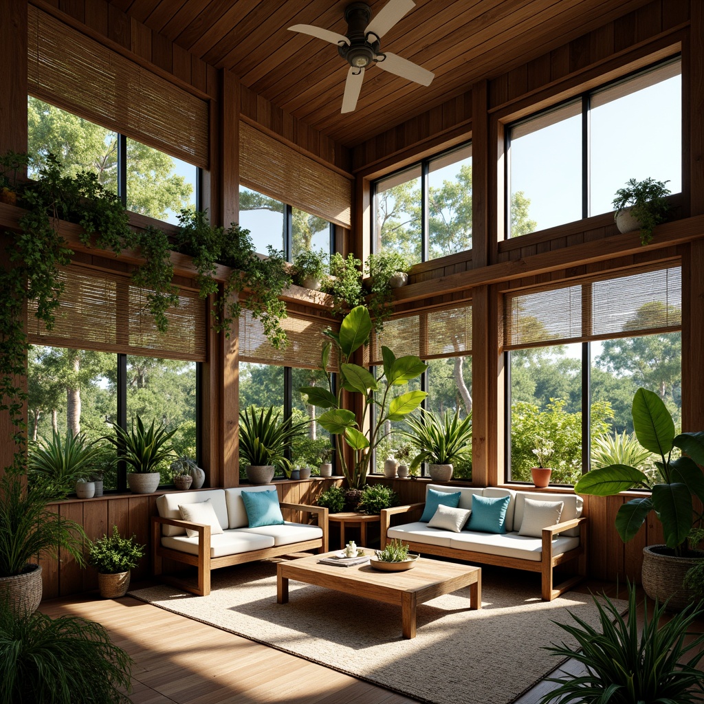 Prompt: Tropical dormitory, natural ventilation, large windows, wooden louvers, woven bamboo blinds, rattan furniture, vibrant greenery, exotic plants, warm lighting, soft breezes, ceiling fans, ornate metal grilles, coral-inspired accents, ocean-blue hues, distressed wood textures, woven textiles, airy atmosphere, relaxed ambiance, 1/1 composition, realistic rendering.