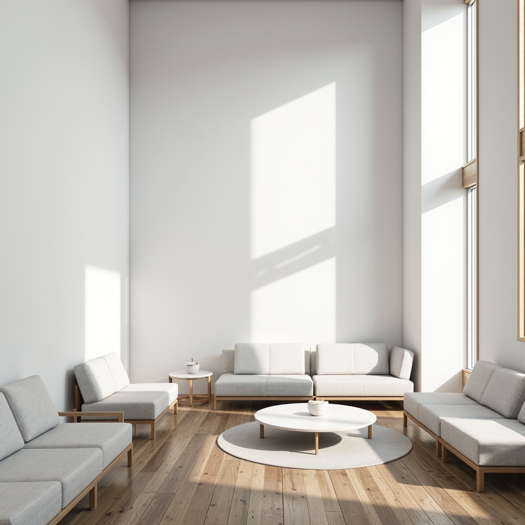 Prompt: Simple white walls, minimal ornamentation, clean lines, monochromatic color scheme, natural light pouring in, airy atmosphere, sparse furniture arrangement, low-profile seating, sleek metal accents, wooden flooring, subtle texture variation, calm ambiance, soft diffused lighting, shallow depth of field, 1/1 composition, realistic render, ambient occlusion.