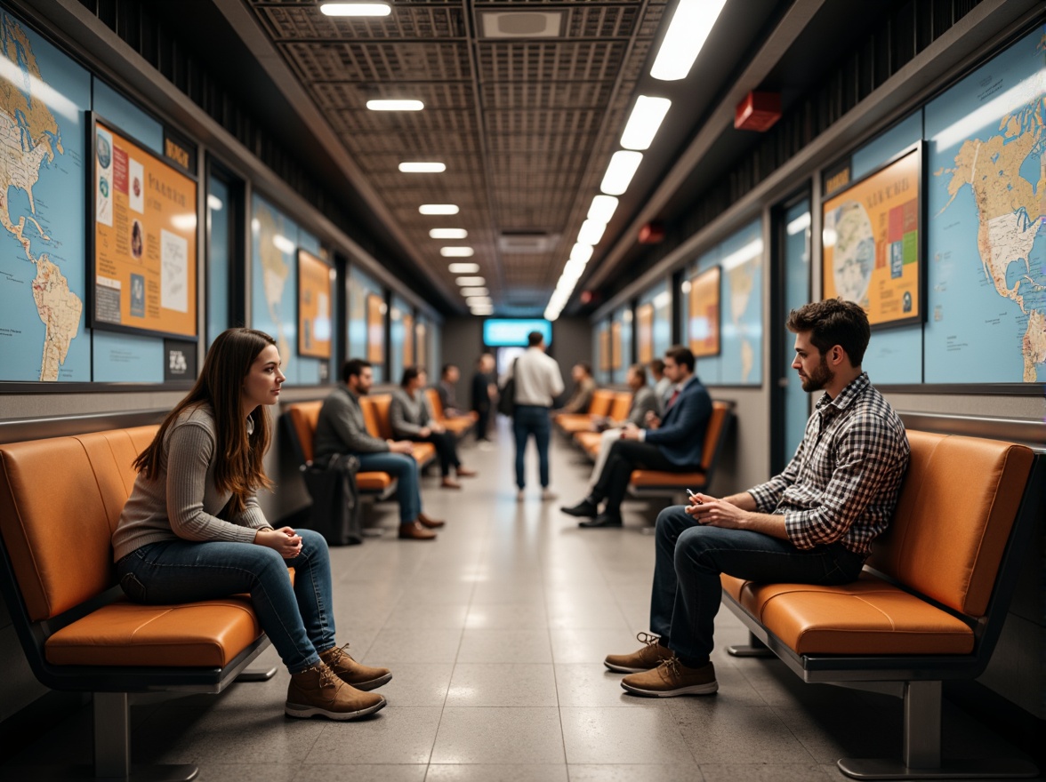 Prompt: Cozy metro station seating areas, modern urban furniture, stainless steel benches, comfortable cushions, sleek minimalist design, warm LED lighting, polished granite floors, vibrant city maps, dynamic digital displays, busy commuter atmosphere, morning rush hour, gentle natural ventilation, soft background music, calm ambiance, shallow depth of field, 1/2 composition, realistic textures, ambient occlusion.