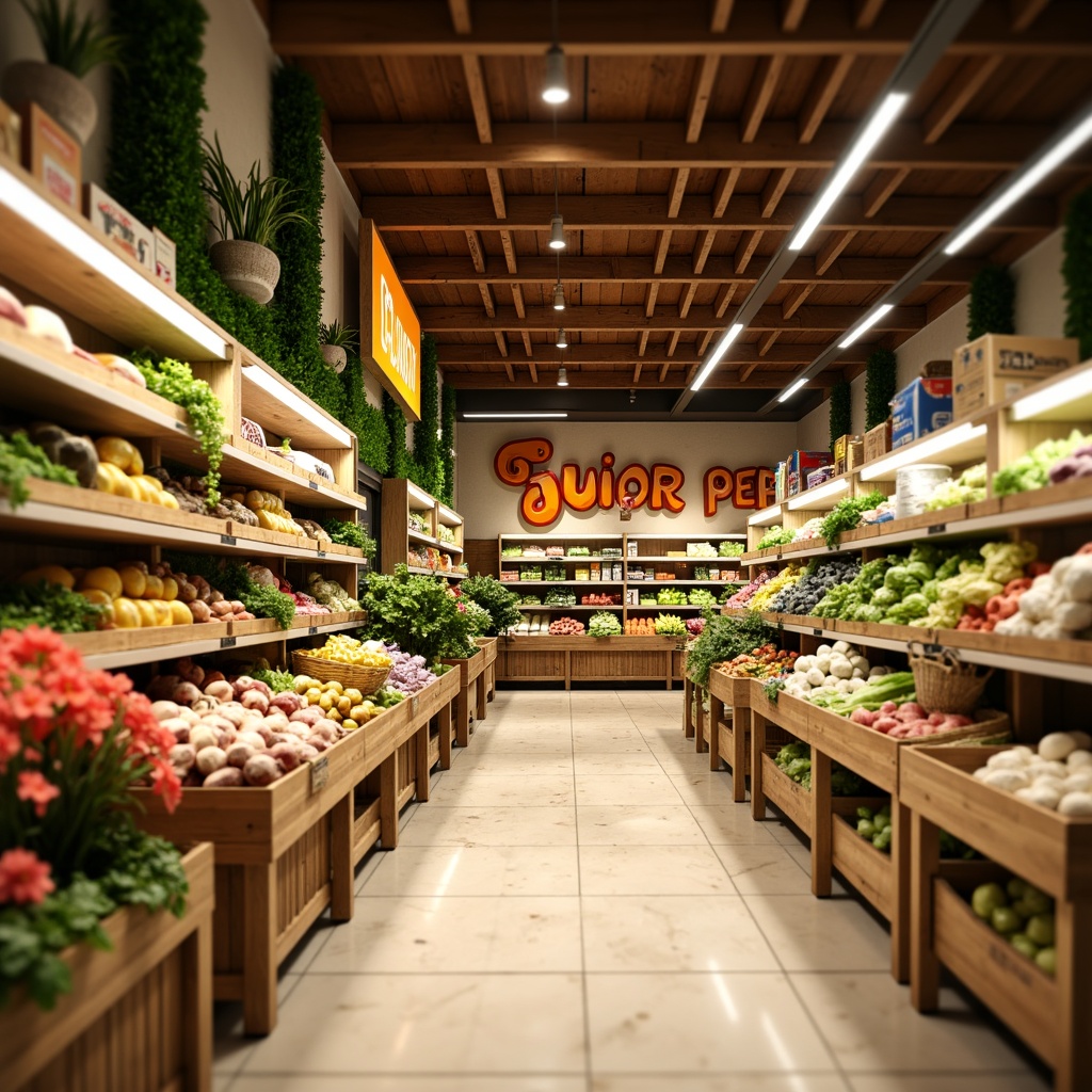 Prompt: Vibrant grocery store interior, fresh produce stands, wooden crates, wicker baskets, earthy tones, natural textures, warm beige walls, rich brown shelving, bright green accents, juicy orange signage, creamy white lighting, soft focus, shallow depth of field, 1/1 composition, realistic render, ambient occlusion.