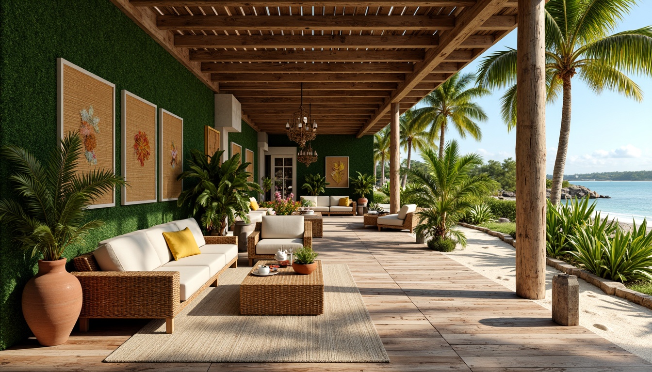 Prompt: Vibrant palm trees, exotic floral arrangements, woven rattan furniture, natural wood accents, distressed wooden planks, woven bamboo textiles, earthy terracotta pottery, colorful tiki torches, lush greenery walls, tropical leaf patterns, warm sandy beaches, crystal clear turquoise waters, sunny bright lighting, soft focus photography, 1/2 composition, atmospheric perspective, realistic surface details.