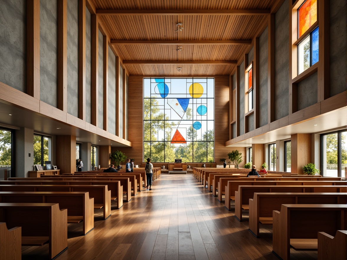 Prompt: Modern church interior, sleek hardwood floors, polished concrete surfaces, abstract geometric patterns, vibrant worship spaces, natural stone accents, minimalist pulpits, contemporary stained glass windows, soft warm lighting, shallow depth of field, 3/4 composition, panoramic view, realistic textures, ambient occlusion, spacious open-plan design, community-focused seating areas, acoustic sound systems, innovative LED lighting installations, subtle wood grain textures, earthy color palette.