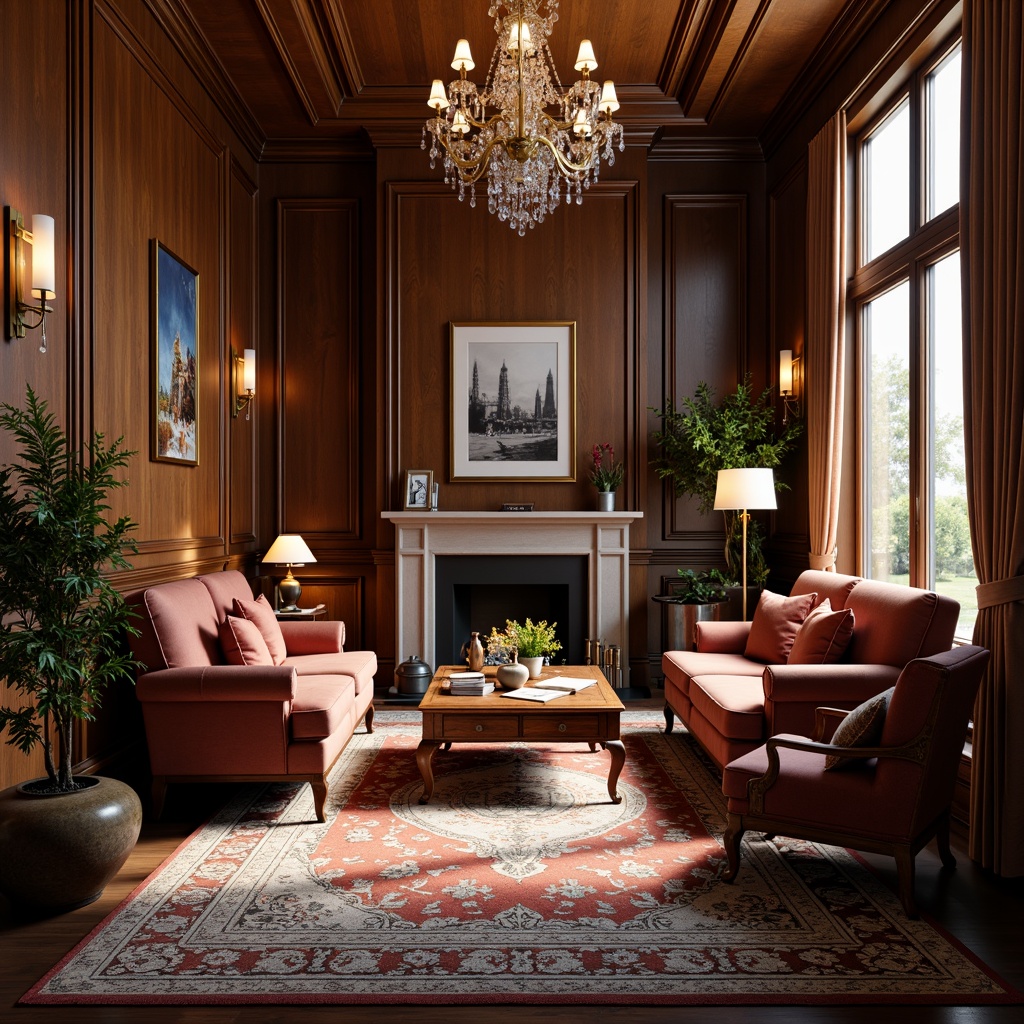 Prompt: Elegant classic interior, ornate wooden furniture, luxurious velvet upholstery, carved mahogany legs, golden bronze hardware, rich leather accents, intricately patterned rugs, crystal chandeliers, soft warm lighting, subtle shadows, 1/1 composition, realistic textures, ambient occlusion, symmetrical layout, harmonious color palette, refined decorative elements.