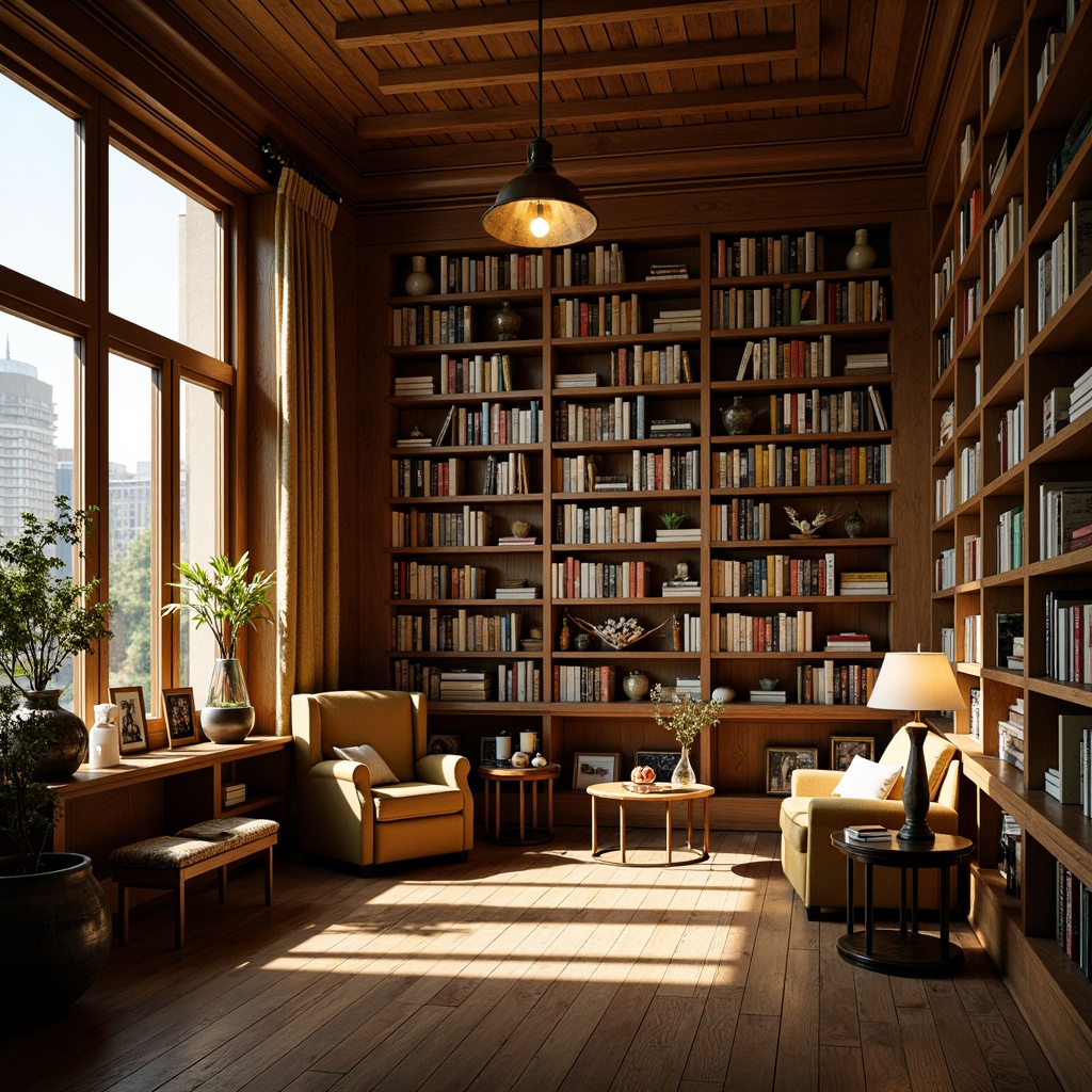 Prompt: Cozy bookstore, wooden bookshelves, warm golden lighting, softbox lights, table lamps, floor lamps, comfortable reading nooks, plush armchairs, rich wood tones, classic ornaments, vintage book collections, earthy color palette, natural textures, warm beige walls, rustic wooden floors, tall windows, gentle daylight, subtle shadows, 1/1 composition, shallow depth of field, realistic rendering.