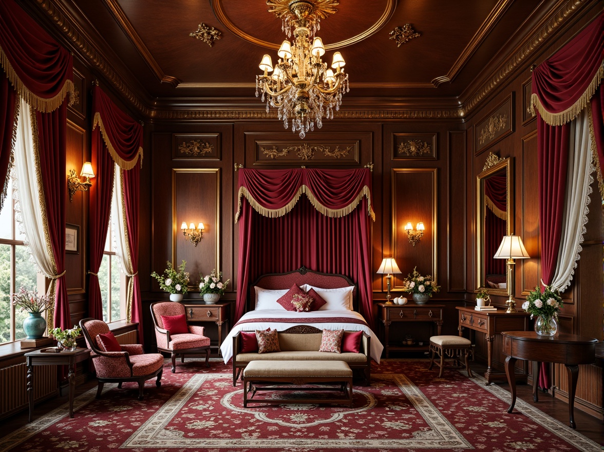 Prompt: Luxurious velvet drapes, intricately carved wooden furniture, ornate golden accents, plush floral patterns, rich mahogany wood tones, opulent crystal chandeliers, heavy fringed curtains, delicate lace trimmings, vintage porcelain vases, ornamental clocks, lavish satin fabrics, intricate brocade upholstery, stately four-poster beds, grand pianos, warm gas lamp lighting, soft warm colors, shallow depth of field, 1/1 composition, realistic textures, ambient occlusion.