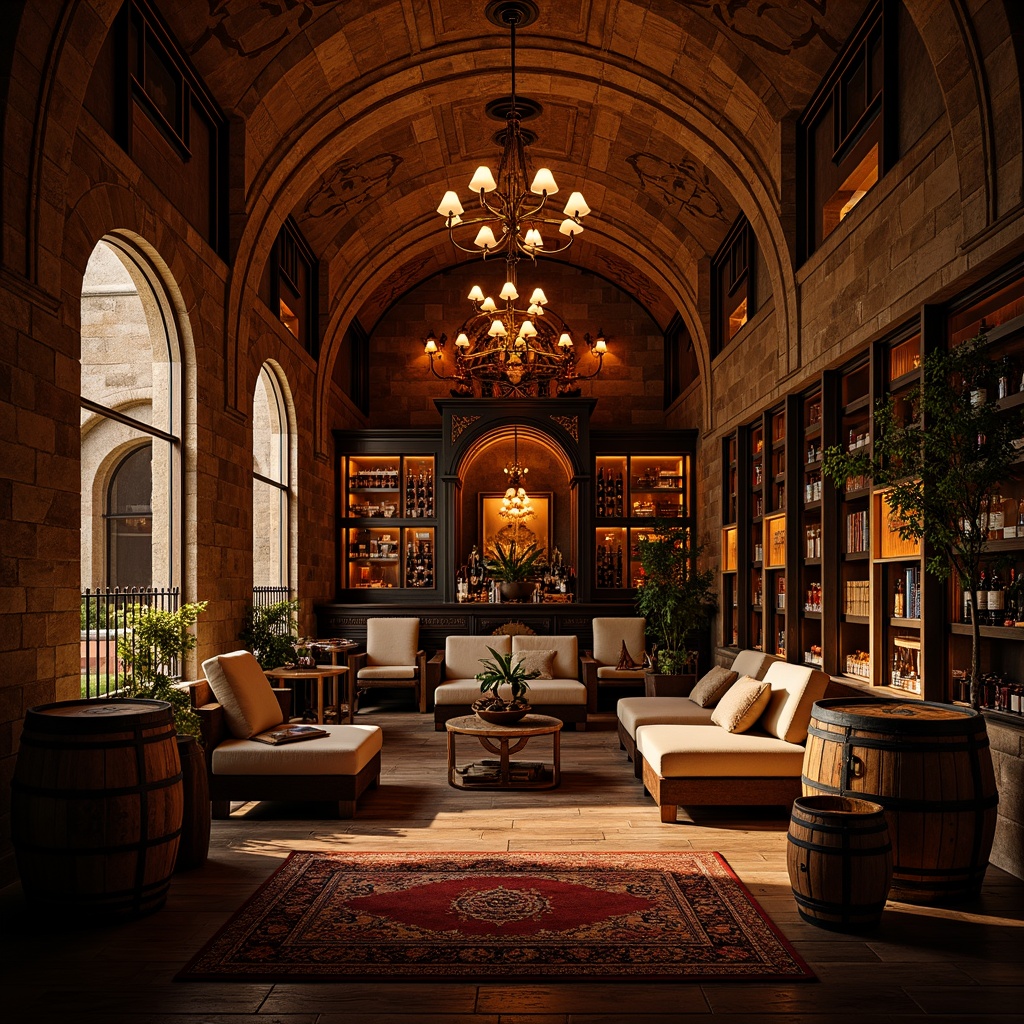 Prompt: Luxurious wine cellar, rich wood tones, ornate metalwork, dimly lit ambiance, stone walls, rustic brick arches, elegant chandeliers, soft warm lighting, plush area rugs, comfortable seating areas, wooden wine crates, vintage wine barrels, decorative grape motifs, intricate carvings, sophisticated color schemes, earthy textures, atmospheric shadows, realistic reflections, 1/1 composition, shallow depth of field.