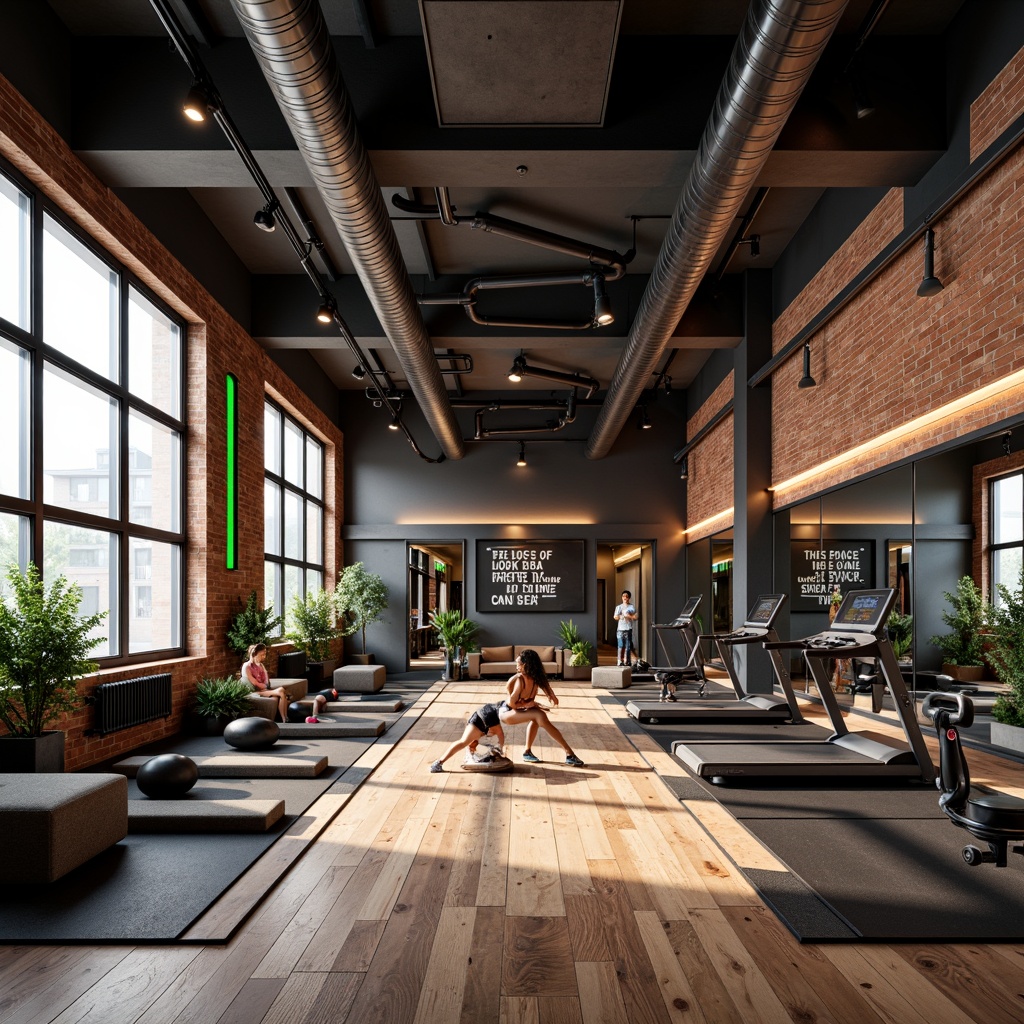 Prompt: Industrial-chic home gym, reclaimed wood flooring, exposed brick walls, minimalist decor, state-of-the-art fitness equipment, floor-to-ceiling windows, natural daylight, LED light strips, color-changing ambient lighting, high ceilings, open layout, modern rustic architecture, earthy tones, bold accent colors, motivational quotes, inspirational artwork, refreshing greenery, ventilation systems, mirrored walls, rubber flooring, industrial-style metal beams, dramatic shadows, 1/2 composition, softbox lighting, cinematic depth of field.