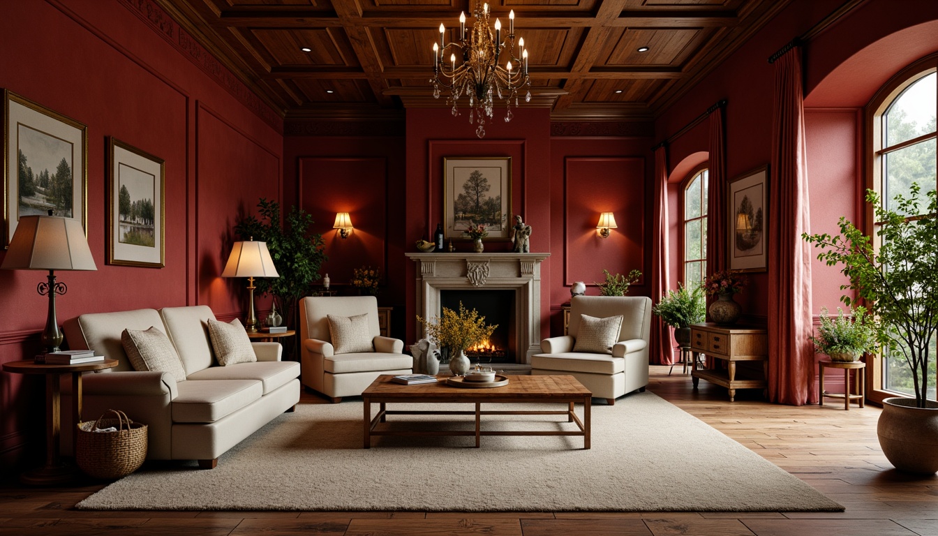 Prompt: Rich burgundy walls, warm golden lighting, soft cream accents, velvety smooth textures, ornate wooden furniture, classic traditional architecture, cozy intimate atmosphere, rustic stone fireplaces, lush greenery, vintage distressed finishes, earthy natural materials, subtle sheen fabrics, dramatic high ceilings, grand chandeliers, sophisticated elegant decor, autumnal forest-inspired hues, warm beige tones, deep plum shades, soft sage undertones.