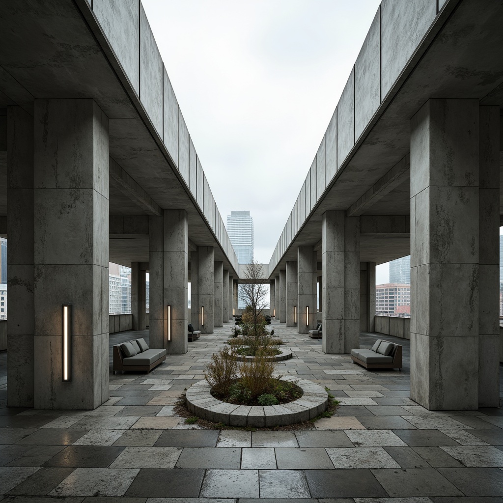 Prompt: Exposed concrete walls, rugged textures, fortress-like structures, dramatic cantilevered roofs, raw industrial materials, monumental columns, brutalist architecture, urban cityscape, overcast sky, strong geometric shapes, bold angular lines, functional minimalism, industrial chic aesthetics, rough-hewn stone accents, metallic beams, poured-in-place concrete floors, statement light fixtures, low-key color palette, high-contrast lighting, dramatic shadows, 3/4 composition, symmetrical framing, cinematic mood.