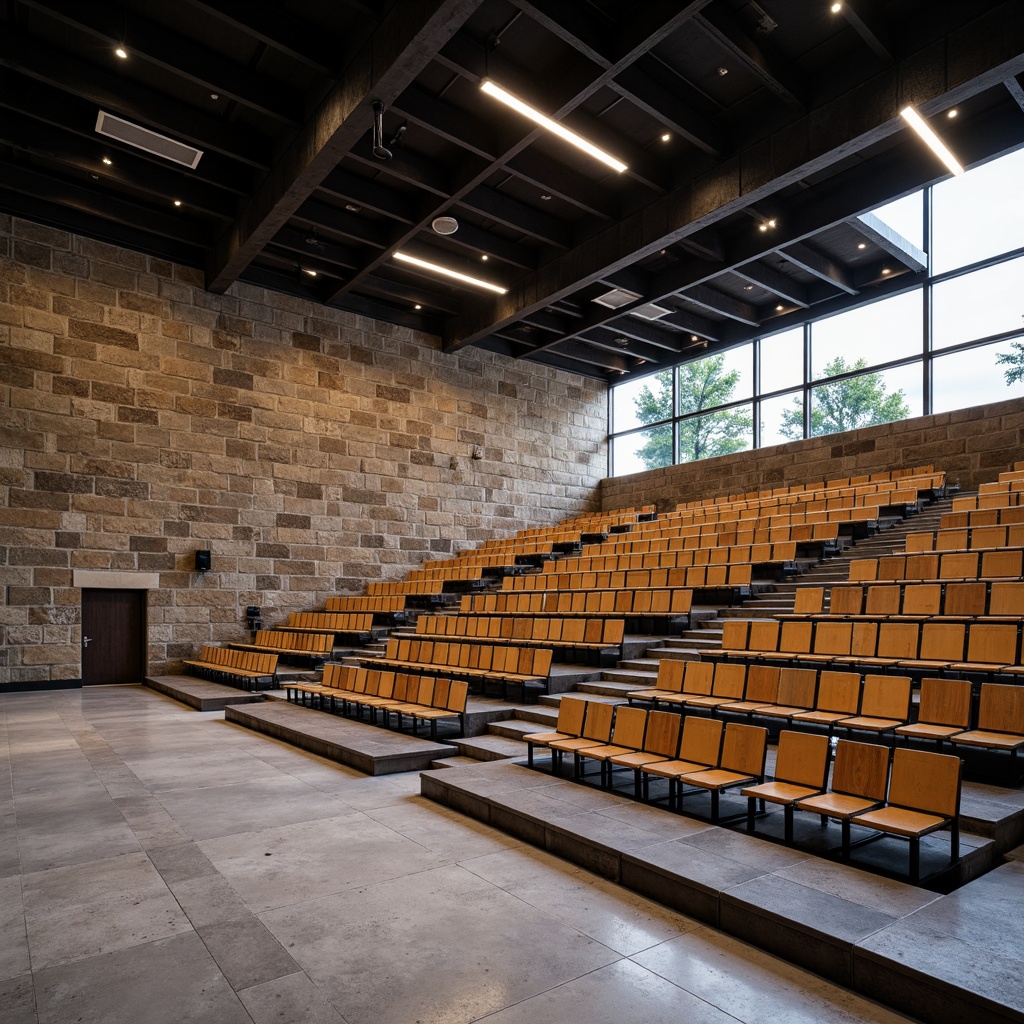 Prompt: Amphitheater seating arrangement, Bauhaus-inspired design, minimalist aesthetic, stepped rows of chairs, industrial metal frames, wooden seats, bold color accents, geometric patterns, functional layout, raked floors, open-air atmosphere, natural stone walls, brutalist architecture, dramatic lighting, high-contrast shadows, 1/1 composition, symmetrical framing, softbox lighting, realistic textures.