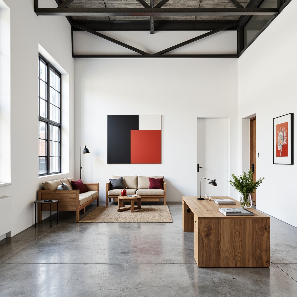 Prompt: Simple white walls, minimal ornamentation, industrial metal beams, functional furniture, primary color accents, geometric shapes, clean lines, rectangular forms, open floor plans, natural light, airy atmosphere, sparse decoration, monochromatic palette, brutalist architecture, raw concrete textures, steel windows, minimalist decor, limited color scheme, functional simplicity, Scandinavian influences, abstract artwork, industrial chic, urban loft ambiance.