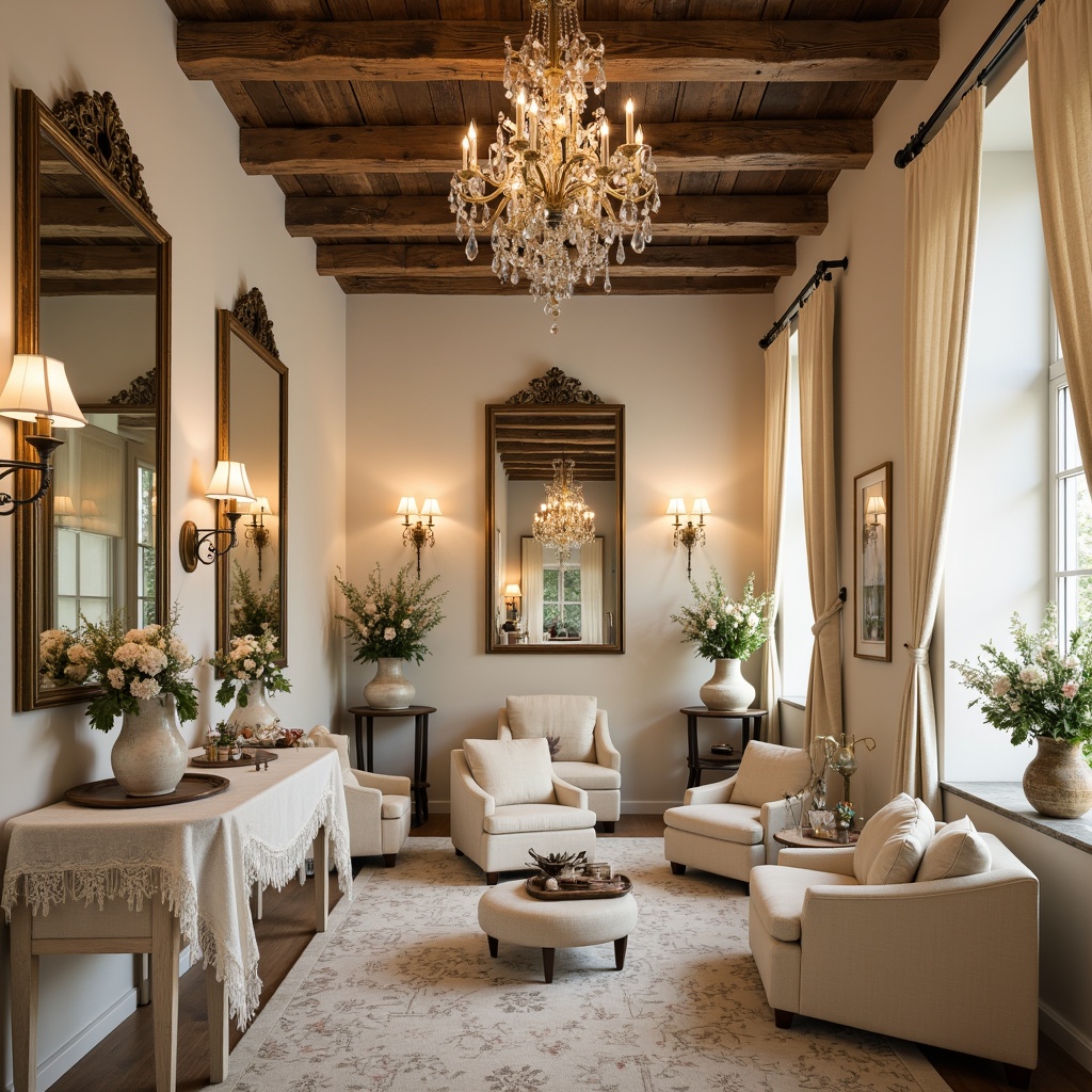 Prompt: Soft cream-colored walls, rustic wooden beams, ornate mirrors, distressed finishes, velvet drapes, delicate lace trim, porcelain vases, elegant candelabras, crystal chandeliers, bronze sconces, mercury glass pendants, natural linen shades, floral patterns, subtle warm lighting, ambient glow, soft shadows, romantic ambiance.