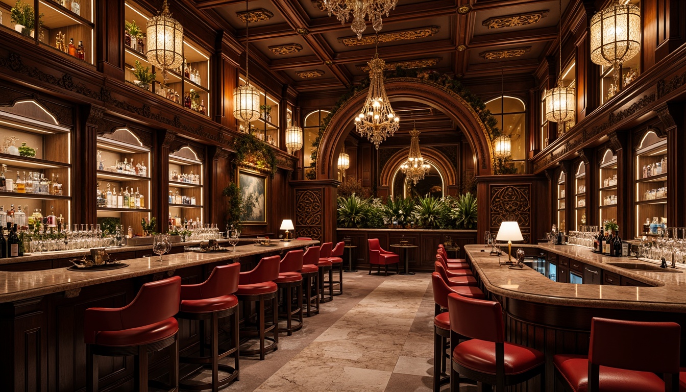 Prompt: Richly ornamented home bar, opulent wooden cabinetry, intricately carved golden accents, velvety red upholstery, crystal chandeliers, lavish marble countertops, ornate metalwork, luxurious leather stools, curved lines, grandiose archways, dramatic lighting, warm candlelit ambiance, 1/1 composition, shallow depth of field, realistic textures, ambient occlusion.