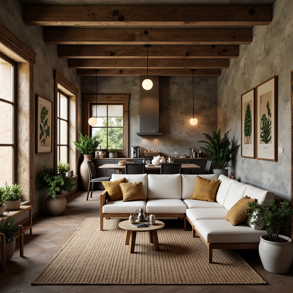 Prompt: Rustic farmhouse interior, reclaimed wood accents, natural stone walls, earthy color palette, woven jute rugs, vintage metal lanterns, distressed wooden beams, linen upholstery, potted greenery, botanical prints, warm candlelight, shallow depth of field, 1/1 composition, soft focus, realistic textures, ambient occlusion.