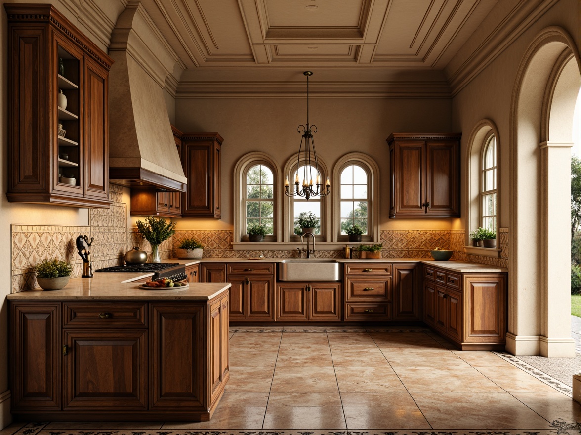 Prompt: Renaissance-style kitchen, ornate tile backsplash, classic Italianate architecture, warm beige tones, rich wood cabinetry, elegant crown molding, sophisticated archways, luxurious marble countertops, antique bronze fixtures, vintage-inspired lighting, soft warm glow, shallow depth of field, 1/2 composition, realistic textures, ambient occlusion.