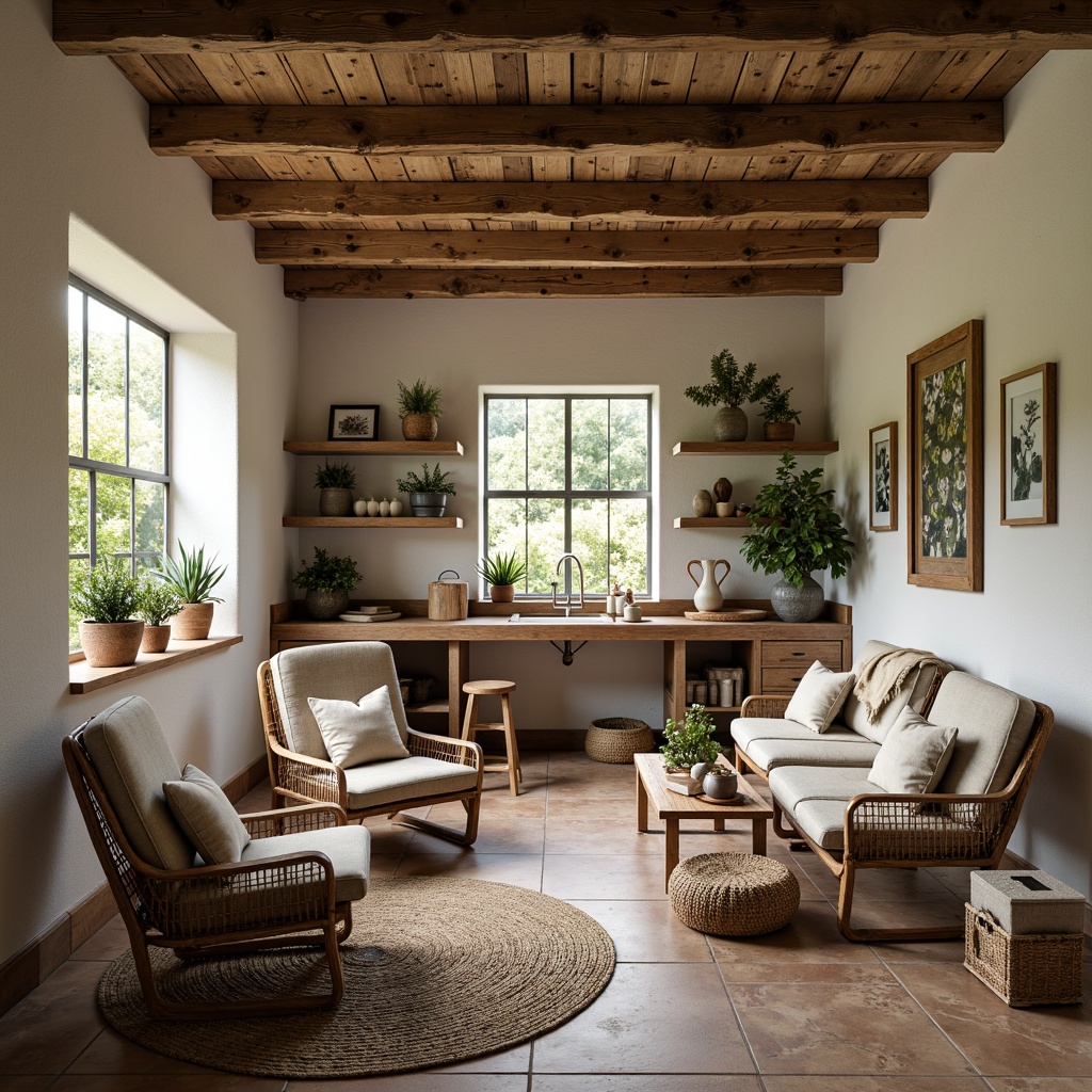 Prompt: Rustic farmhouse interior, reclaimed wooden beams, natural stone walls, earthy color palette, woven wicker furniture, jute rugs, linen textiles, vintage metal accents, distressed wood finishes, organic shapes, soft warm lighting, cozy reading nooks, plush throw blankets, botanical prints, potted greenery, country-style kitchen, wooden countertops, ceramic tiles, farmhouse sink, natural fiber upholstery, earth-toned ceramics, woven baskets, nature-inspired artwork, serene ambiance.