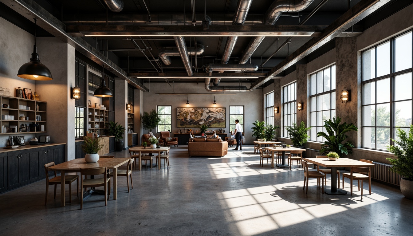 Prompt: Industrial chic interior, exposed ductwork, concrete floors, minimalist decor, functional lighting fixtures, metal shades, Edison bulbs, industrial pendant lamps, geometric patterns, monochromatic color scheme, stark contrasts, high ceilings, large windows, natural light, soft warm glow, ambient occlusion, 1/1 composition, realistic textures.