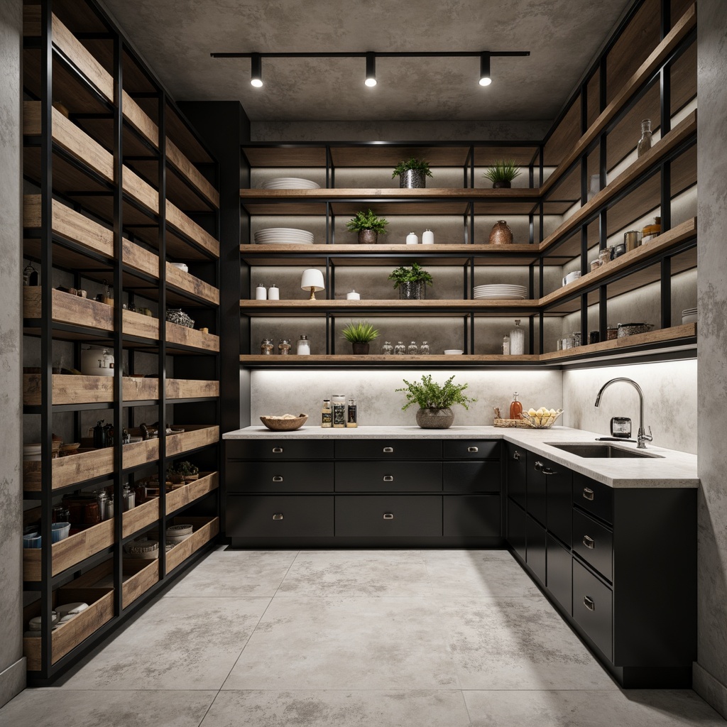 Prompt: Industrial-style pantry, minimalist aesthetic, clean lines, rectangular shapes, bold color contrasts, monochromatic schemes, steel cabinetry, chrome handles, glass shelves, concrete flooring, industrial lighting fixtures, geometric patterns, functional simplicity, modern functionality, ample storage space, adjustable shelving systems, raw metal accents, distressed wood finishes, neutral color palette, high-gloss surfaces, brutalist textures, Scandinavian-inspired design elements.