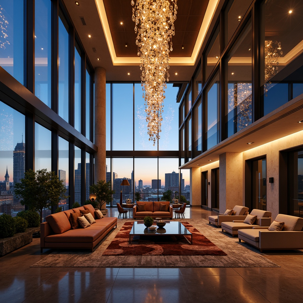 Prompt: Luxurious penthouse, sleek modern architecture, floor-to-ceiling windows, breathtaking cityscape views, lavish interior design, opulent chandeliers, LED strip lighting, ambient glow, recessed spotlights, dimmable fixtures, metallic finishes, marble floors, plush area rugs, velvet sofas, glass coffee tables, panoramic elevator doors, high-gloss ceilings, dramatic staircases, sophisticated color schemes, warm cozy atmosphere, golden hour lighting, shallow depth of field, 1/2 composition, realistic reflections, ambient occlusion.