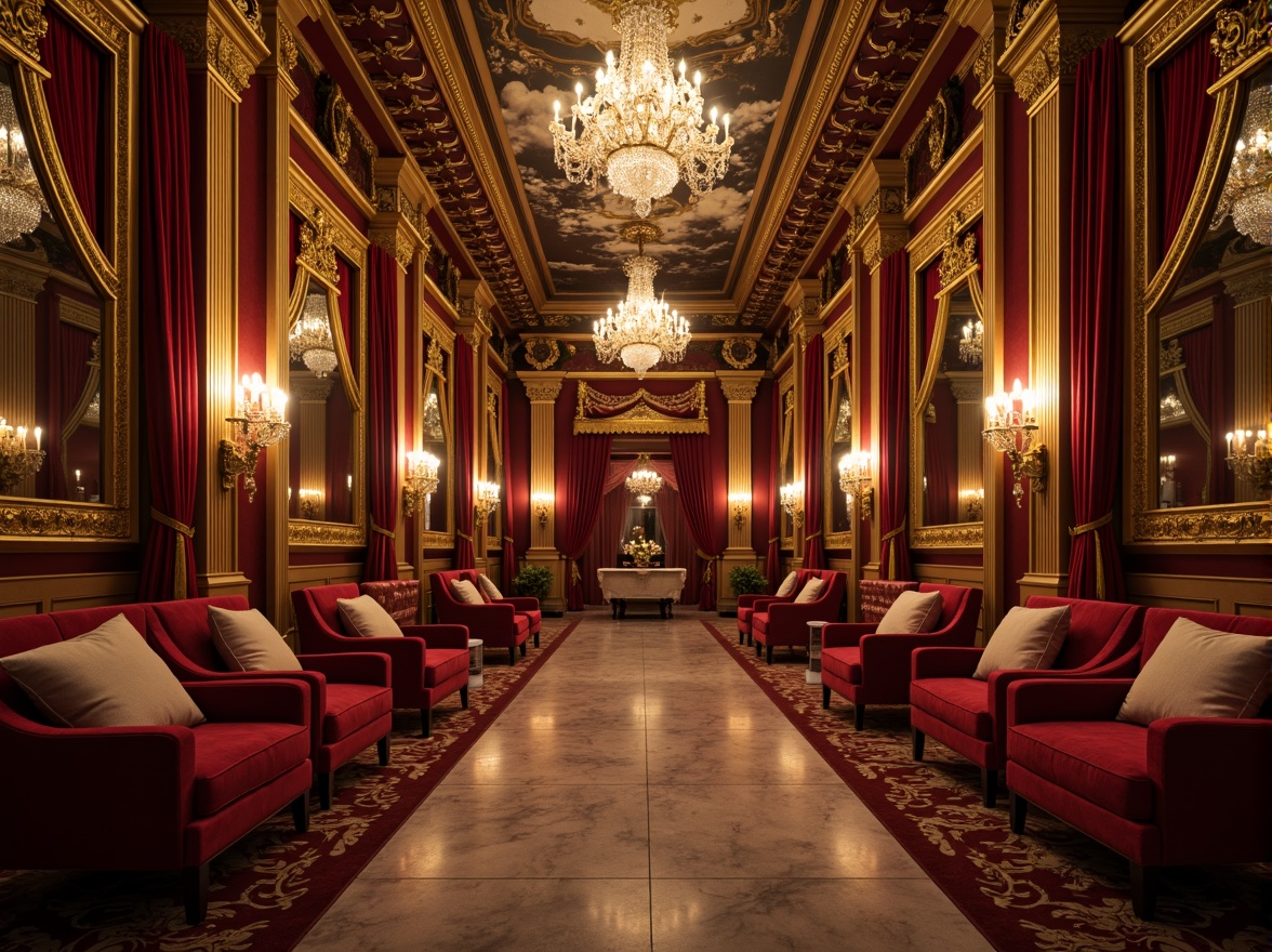 Prompt: Luxurious velvet fabrics, ornate gold leaf accents, intricately carved wooden paneling, grandiose crystal chandeliers, richly patterned marble floors, opulent silk drapes, lavishly gilded mirrors, highly polished bronze hardware, dramatic fresco ceilings, soft warm candlelight, cinematic composition, shallow depth of field, 1/1 aspect ratio, romantic atmospheric lighting.