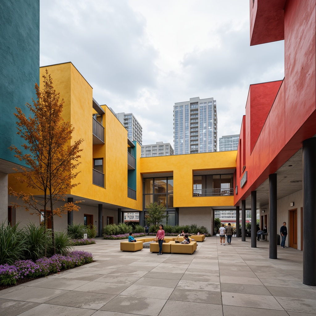 Prompt: Vibrant community center, bold geometric shapes, modernist architecture, primary color accents, minimalist decor, industrial materials, polished concrete floors, rectangular windows, functional simplicity, angular lines, brutalist design elements, urban landscape, cloudy sky, natural light, soft shadows, shallow depth of field, 1/1 composition, symmetrical framing, abstract textures, ambient occlusion.