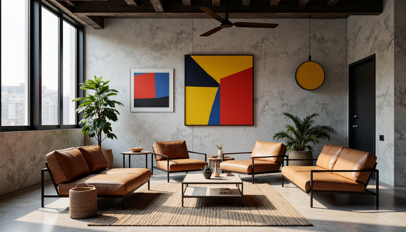 Prompt: Bauhaus-inspired interior, primary colors, bold black lines, geometric shapes, industrial materials, concrete floors, steel beams, minimalist decor, functional furniture, leather upholstery, tubular metal frames, rectangular shapes, monochromatic tones, neutral backgrounds, pops of bright red, yellow, and blue, natural textiles, woven baskets, abstract artwork, graphic patterns, urban loft atmosphere, high ceilings, large windows, soft diffused lighting, 1/1 composition, realistic renderings, ambient occlusion.