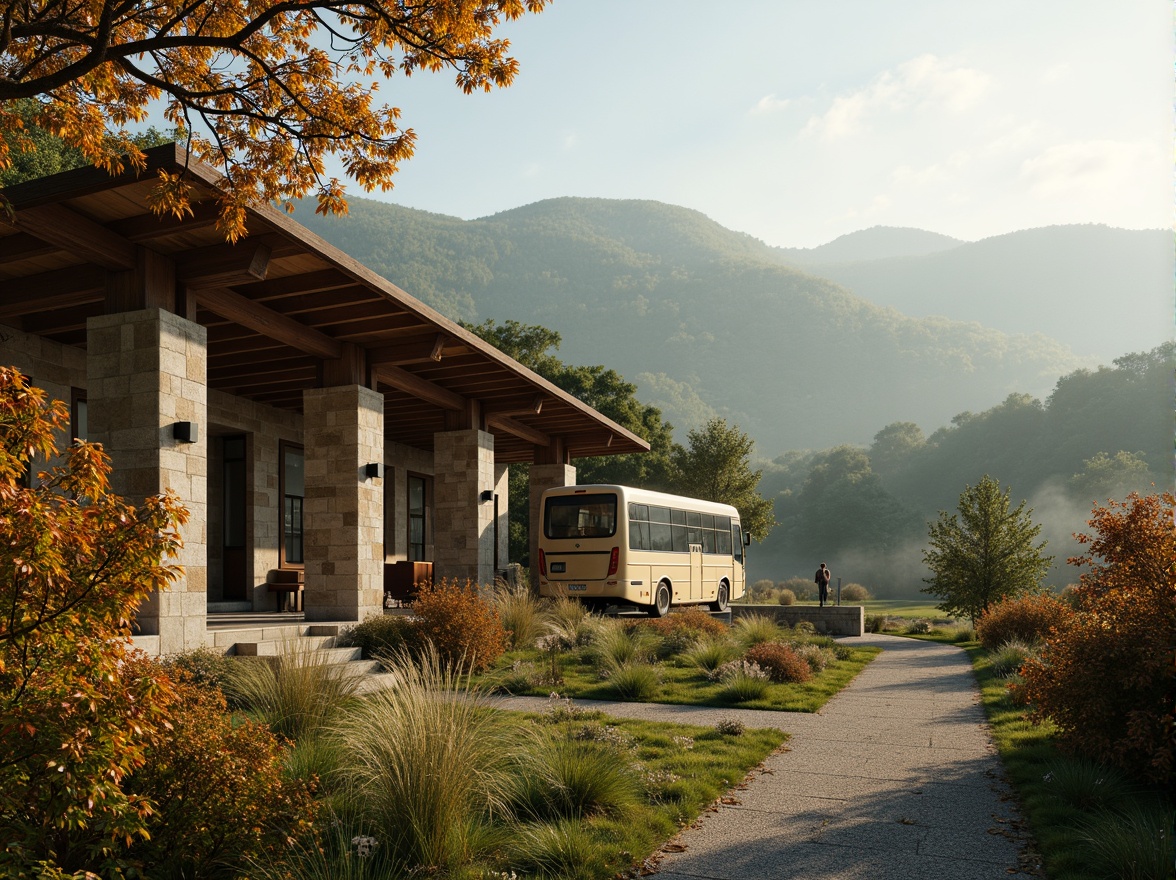 Prompt: Rustic bus station, natural stone walls, wooden roof structure, earthy tone colors, traditional architectural style, rural landscape, rolling hills, green pastures, scattered trees, misty morning atmosphere, warm soft lighting, shallow depth of field, 1/2 composition, realistic textures, ambient occlusion.