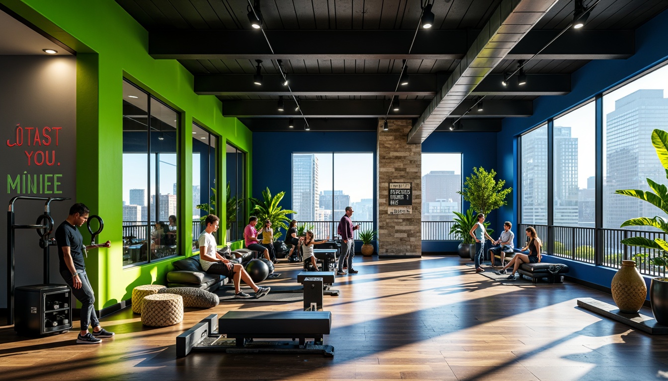 Prompt: Vibrant fitness club, energetic atmosphere, bold color scheme, neon green accents, deep blue undertones, metallic silver trim, industrial-chic equipment, sleek wooden floors, motivational quotes, dynamic lighting effects, high-contrast shadows, intense workouts, sweaty training sessions, modern architecture, floor-to-ceiling windows, natural stone walls, urban cityscape views, early morning sunlight, soft warm glow, shallow depth of field, 1/2 composition, realistic textures, ambient occlusion.