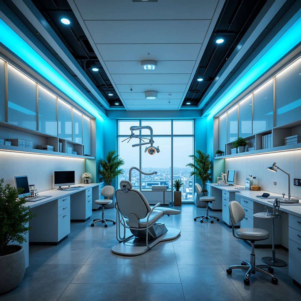 Prompt: Futuristic dental clinic, sleek minimalist interior, polished chrome fixtures, ambient LED lighting, soft blue glow, modern ergonomic furniture, cutting-edge medical equipment, futuristic dentist chairs, sterilization rooms, virtual reality relaxation zones, calming oceanic color scheme, glass partitions, open ceiling designs, natural stone floors, innovative floor lamps, indirect warm lighting, 1/1 composition, shallow depth of field, realistic reflections, ambient occlusion.