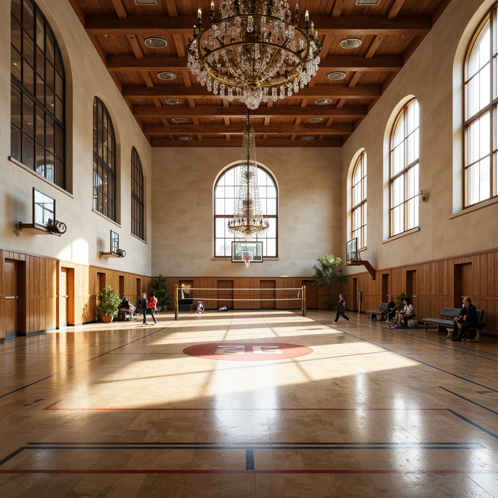 Prompt: Elegant gymnasium interior, high ceilings, ornate chandeliers, polished marble flooring, inlaid wooden patterns, athletic equipment, basketball hoops, volleyball nets, exercise machines, mirrored walls, large windows, natural light, soft warm tones, subtle shading, 1/1 composition, realistic textures, ambient occlusion.