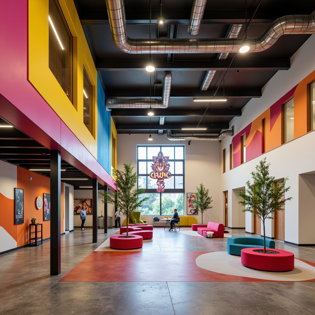 Prompt: Vibrant community center, bold geometric shapes, primary color accents, clean lines, minimalist aesthetics, functional simplicity, industrial materials, exposed ductwork, polished concrete floors, metal beams, rectangular windows, abstract art installations, dynamic light fixtures, brutalist architecture, modernist influence, 1/1 composition, high contrast lighting, dramatic shadows, realistic textures.