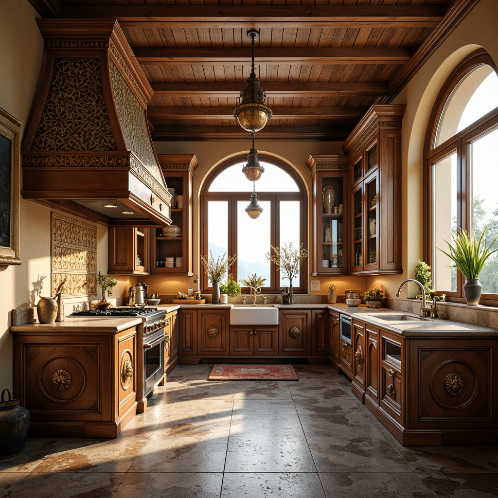 Prompt: Ornate Renaissance-style kitchen, warm beige walls, rich wood cabinetry, ornamental metalwork, intricate carvings, lavish golden accents, decorative tile backsplash, vintage-inspired appliances, elegant pendant lighting, rustic stone flooring, natural light pouring in through large windows, soft warm glow, shallow depth of field, 3/4 composition, panoramic view, realistic textures, ambient occlusion.