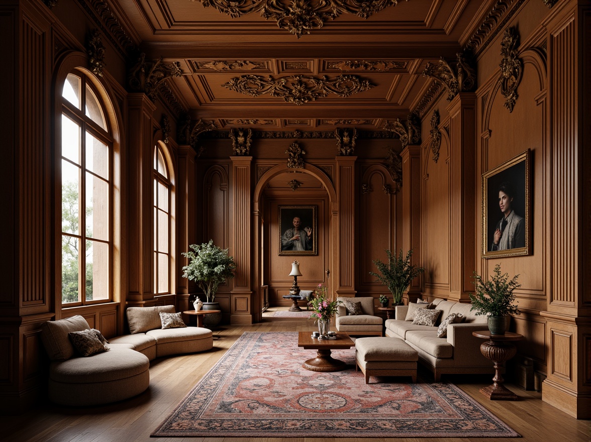 Prompt: Ornate moldings, luxurious wood tones, intricate carvings, subtle gold accents, elegant curves, sophisticated lines, refined ornateness, Victorian-era inspiration, grandiose architectural details, opulent furnishings, rich fabrics, lavish decorations, stately atmosphere, soft warm lighting, high-contrast shading, detailed textures, realistic reflections.