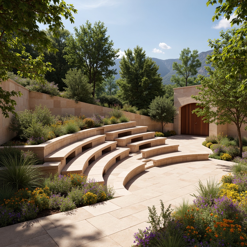 Prompt: Vibrant outdoor amphitheater, warm beige stone seating, rich brown wooden accents, lush greenery, colorful blooming flowers, sunny day, soft natural lighting, subtle shadows, gentle misting system, modern sleek architecture, curved lines, minimalist design, eco-friendly materials, innovative cooling technologies, shaded performance stage, panoramic view, realistic textures, ambient occlusion.