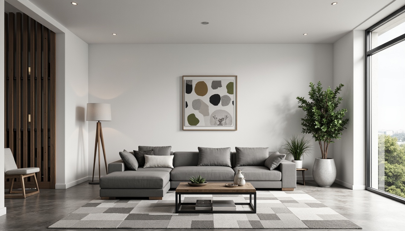 Prompt: Minimalist living room, sleek low-profile sofa, monochromatic color scheme, polished concrete floor, industrial metal coffee table, geometric patterned rug, sparse greenery, modern abstract artwork, recessed lighting, airy atmosphere, 3/4 composition, shallow depth of field, panoramic view, realistic textures, ambient occlusion.