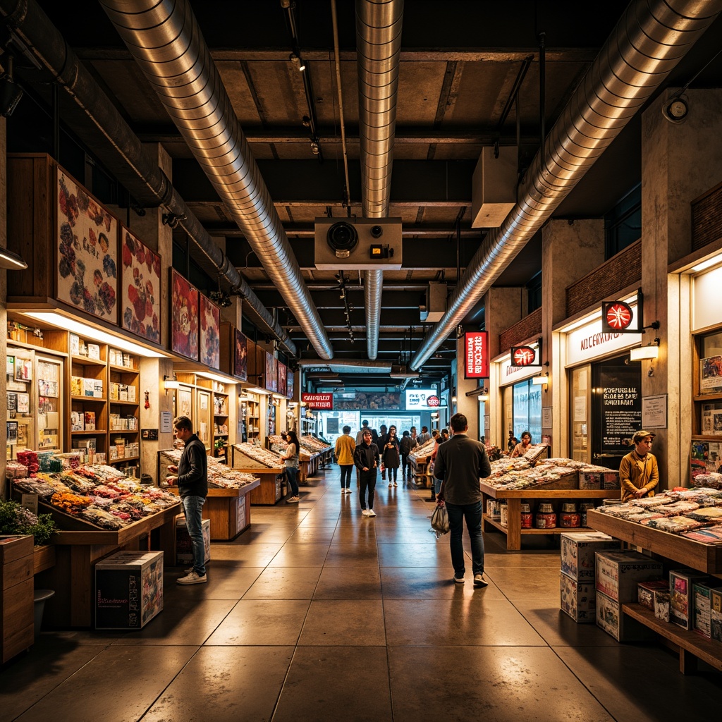 Prompt: Exposed ductwork, industrial pipes, concrete floors, raw metal beams, brutalist architecture, vibrant market atmosphere, colorful product displays, eclectic vendor stalls, bustling commercial activity, warm golden lighting, softbox diffusers, track lights, pendant lamps, neon signage, LED strips, ambient glow, high contrast ratio, dramatic shadows, 1/2 composition, cinematic mood, gritty textures, realistic reflections.