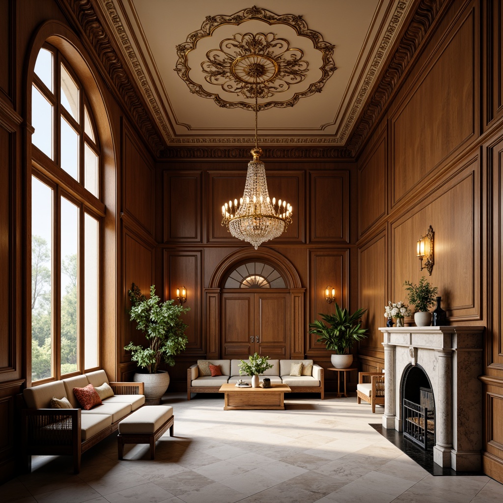 Prompt: Elegant classical interior, ornate moldings, rich wood paneling, luxurious fabrics, subtle color palette, symmetrical composition, grand chandelier, refined furniture pieces, carved details, intricate patterns, high ceilings, marble floors, decorative archways, soft warm lighting, shallow depth of field, 1/1 composition, realistic textures, ambient occlusion.