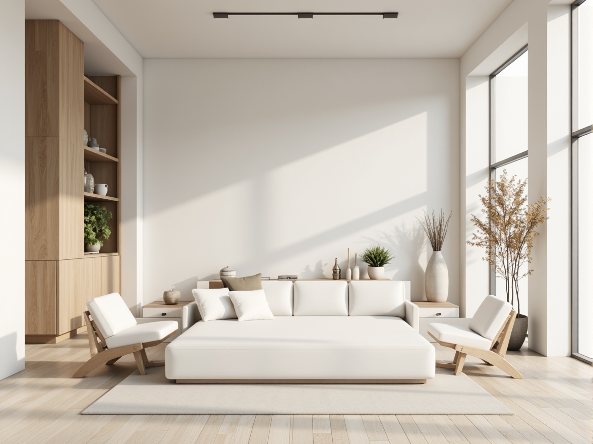 Prompt: Monochromatic interior, soft pastel hues, calming neutral tones, creamy whites, light grays, taupe accents, natural wood textures, sleek metal frames, minimalist decor, empty space, subtle shadows, diffused lighting, shallow depth of field, 1/1 composition, realistic rendering, ambient occlusion.