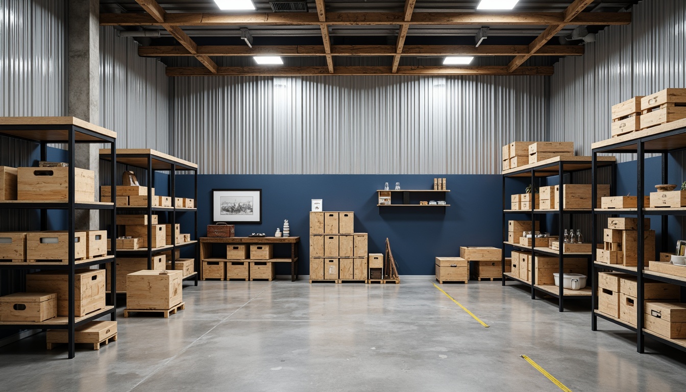 Prompt: Industrial storage room, metal shelving units, corrugated metal walls, polished concrete floors, bright white lighting, neutral beige colors, accent walls in deep blue tones, rustic wooden crates, modern industrial decor, organized storage solutions, functional layout, high ceiling, urban loft style, natural textures, subtle color contrast, 1/1 composition, softbox lighting.