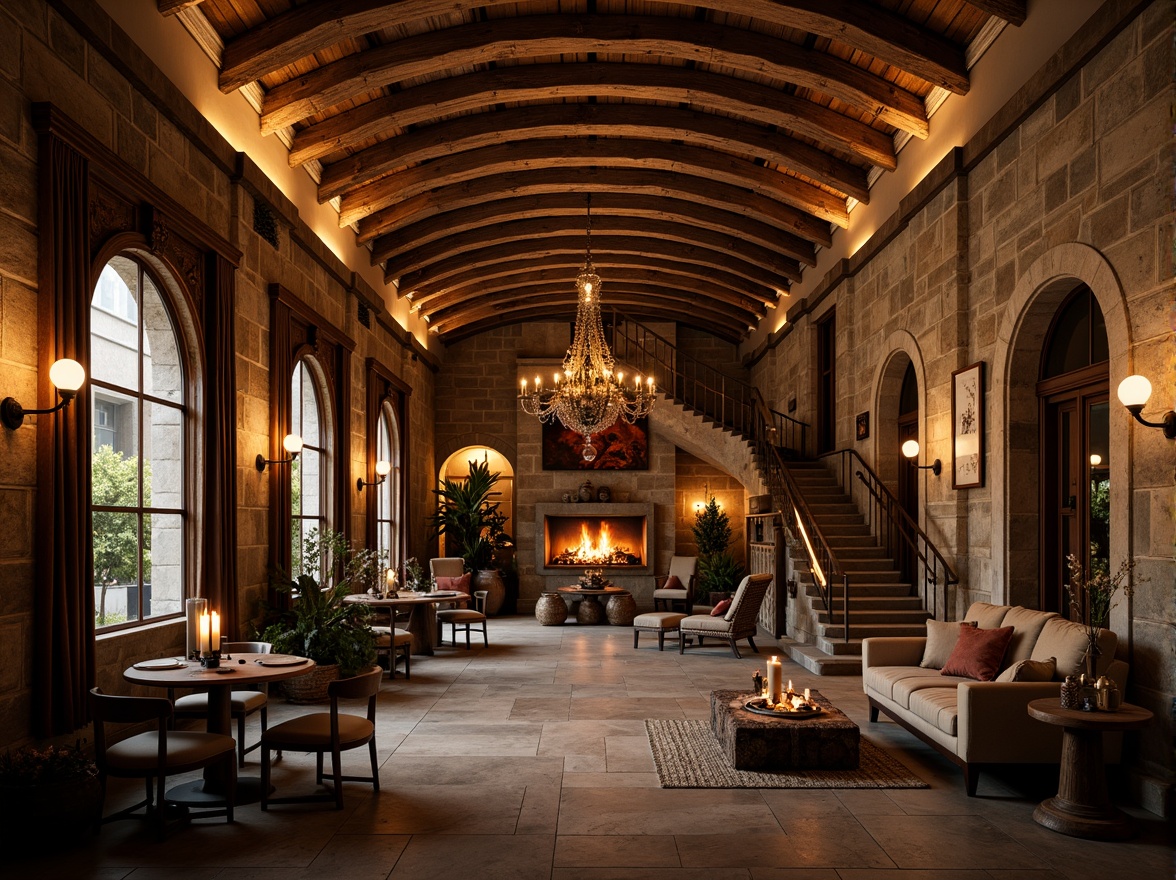 Prompt: Dramatic wine cellar, rustic stone walls, arched doorways, ornate wooden beams, vintage wine barrels, dimly lit ambiance, warm golden lighting, soft shadows, eclectic furnishings, distressed textures, earthy tones, rich wood accents, lavish chandeliers, grand staircases, opulent drapery, intimate seating areas, cozy fireplaces, warm candlelight, abstract expressionist artwork, bold color schemes, whimsical patterns, dynamic compositions, cinematic lighting effects, high contrast ratios, 1/2 composition, moody atmosphere, rich details.