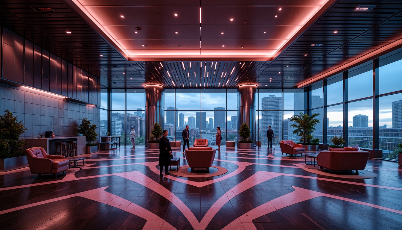 Prompt: Futuristic bank interior, neon-lit atmosphere, sleek metal accents, holographic displays, minimalist decor, modern LED lighting systems, color-shifting ambient lights, geometric patterned floors, silver chrome columns, floor-to-ceiling windows, urban cityscape views, rainy day, moody warm glow, high-contrast ratio, 2.35