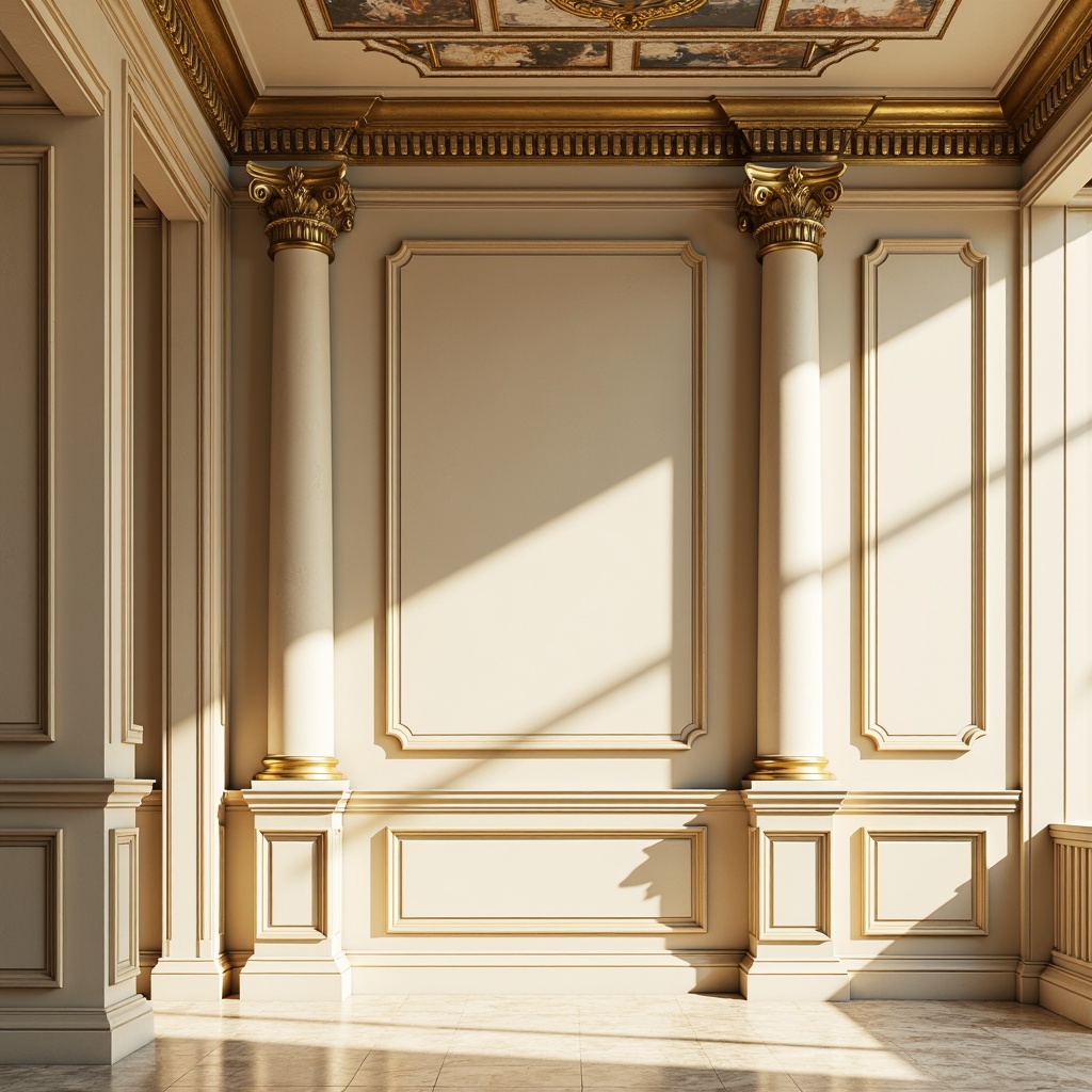 Prompt: Elegant wall paneling, ornate moldings, gilded frames, soft creamy colors, subtle texture variations, refined marble surfaces, classical pilasters, intricate ceiling medallions, ornamental frescoes, warm golden lighting, subtle shadow play, 1/2 composition, realistic material renderings, ambient occlusion.