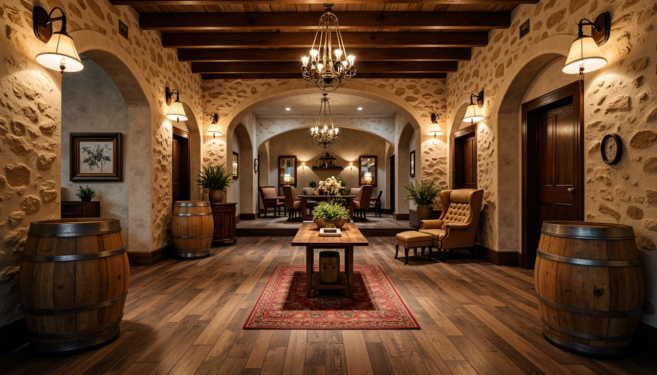 Prompt: Rustic wine cellar, distressed wood flooring, reclaimed oak planks, vintage wine barrels, soft warm lighting, rich earthy tones, natural stone walls, arched doorways, ornate metalwork, antique furniture pieces, plush area rugs, subtle texture variations, cozy atmosphere, intimate gathering spaces, warm beige colors, elegant chandeliers, ornate mirrors, classic wall sconces, 1/1 composition, shallow depth of field, realistic wood textures, ambient occlusion.