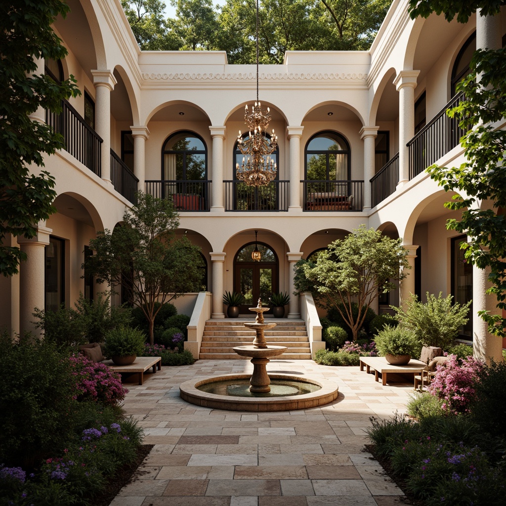 Prompt: Luxurious interior courtyard, ornate Rococo fountains, delicate stone carvings, lush greenery, vibrant flowers, curved staircases, intricate metalwork, opulent chandeliers, soft warm lighting, shallow depth of field, 1/1 composition, realistic textures, ambient occlusion, grandiose mirrors, elegant furnishings, velvet drapes, marble floors, ornamental vases, lavish decorative patterns.