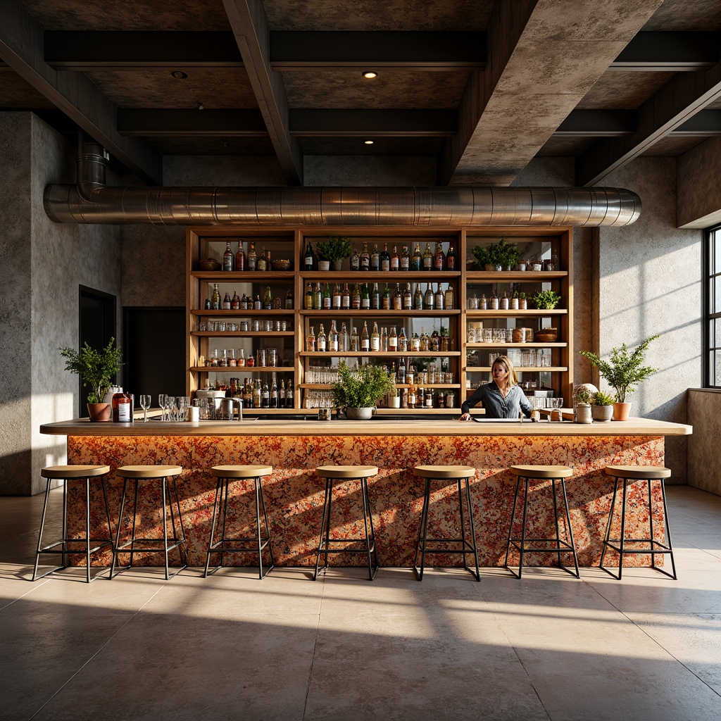 Prompt: Vibrant bar counter, terrazzo material, glossy finish, swirling patterns, earthy tones, rich textures, industrial chic decor, metal stools, minimalist lighting, exposed ductwork, reclaimed wood accents, concrete floors, urban loft atmosphere, morning light, soft shadows, shallow depth of field, 1/2 composition, realistic reflections, ambient occlusion.