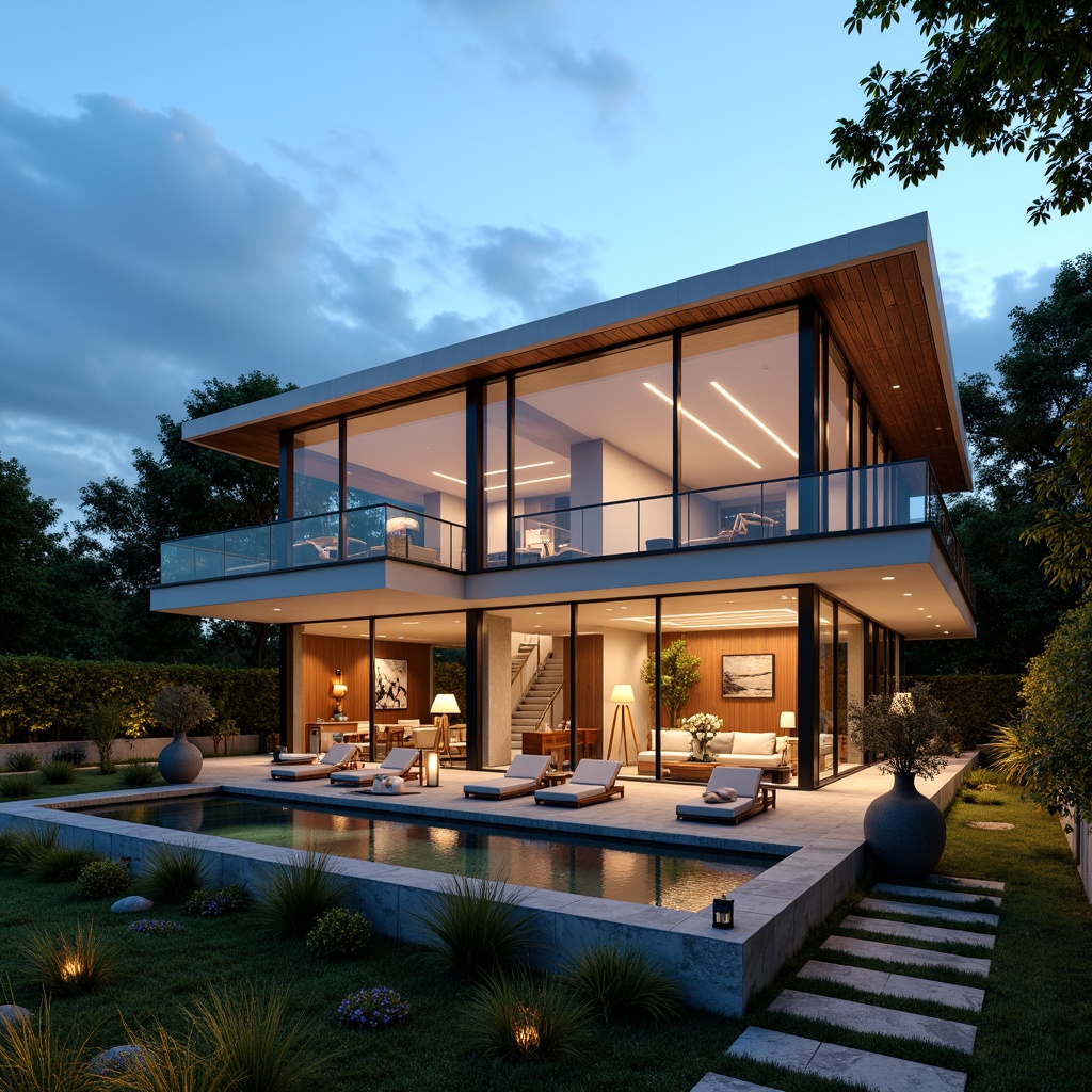 Prompt: Modern villa exterior, sleek lines, minimalist facade, large windows, sliding glass doors, warm ambient lighting, soft pool lights, outdoor lanterns, string lights, garden pathways, lush greenery, tropical plants, natural stone walls, wooden accents, rustic-chic interior, pendant light fixtures, floor lamps, table lamps, LED strip lights, hidden lighting, warm color temperature, high ceilings, spacious open-plan living area, cozy reading nooks, dramatic staircases, panoramic views, realistic textures, ambient occlusion.