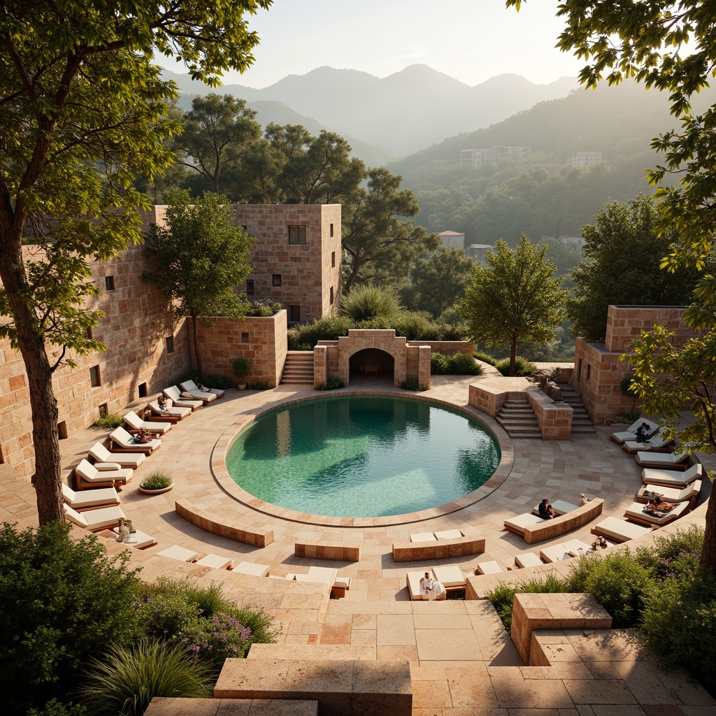 Prompt: Earthy amphitheater, natural stone seating, lush greenery surroundings, warm beige colors, terracotta accents, soft earthy tones, vibrant turquoise water features, misty atmosphere, golden hour lighting, shallow depth of field, 1/1 composition, realistic textures, ambient occlusion, subtle gradient effects.