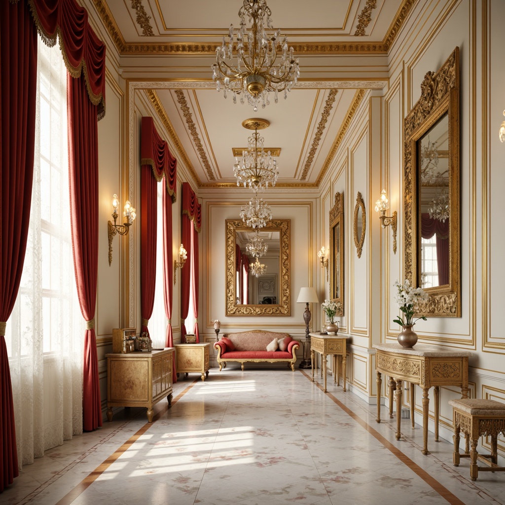 Prompt: Luxurious palace walls, ornate gold molding, soft creamy textures, intricate carvings, Baroque-inspired patterns, velvety red drapes, crystal chandeliers, marble floors, lavish furnishings, ornamental mirrors, delicate lace details, pastel color palette, warm golden lighting, shallow depth of field, 1/1 composition, realistic reflections, ambient occlusion.