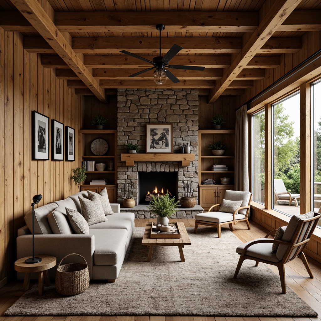 Prompt: Rustic country home, wooden accents, reclaimed barn wood, stone walls, earthy color palette, natural fabrics, woven baskets, vintage metal decor, distressed finishes, cozy fireplaces, plush area rugs, soft warm lighting, shallow depth of field, 3/4 composition, panoramic view, realistic textures, ambient occlusion.