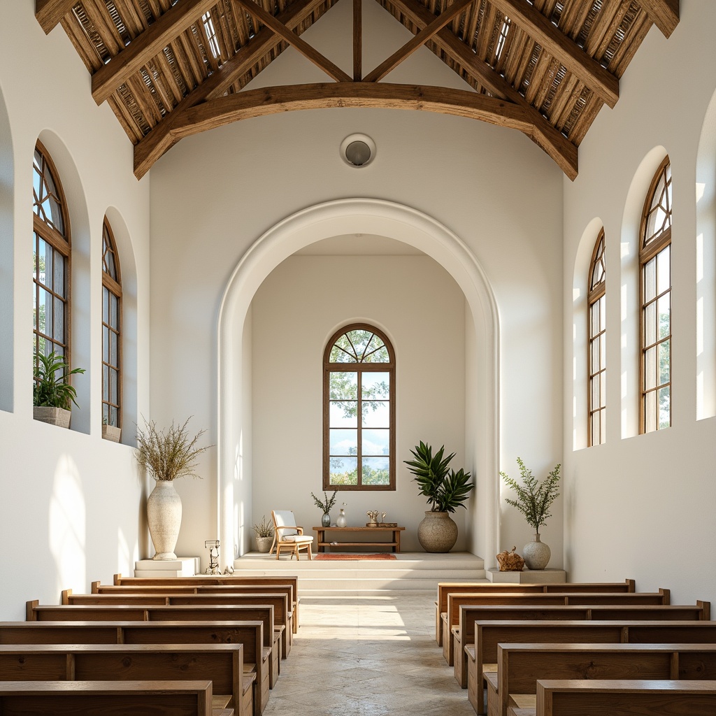 Prompt: Calming coastal chapel, soft creamy whites, warm beige tones, gentle blues, seafoam greens, driftwood accents, natural textures, woven fibers, ocean-inspired patterns, subtle shell motifs, rustic wooden pews, elegant stained glass windows, serene ambient lighting, shallow depth of field, 1/1 composition, realistic reflections, warm sunny day, soft breezes, peaceful atmosphere.